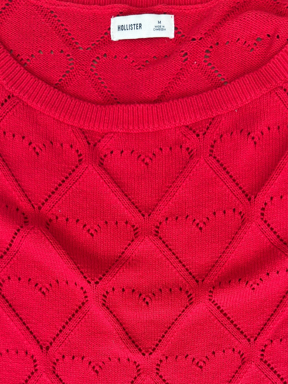 Hollister Bright Red Heart-Openwork Crewneck Sweater
Size: Medium